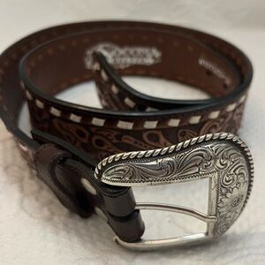 Nocona tooled brown leather belt contrast seam EUC
